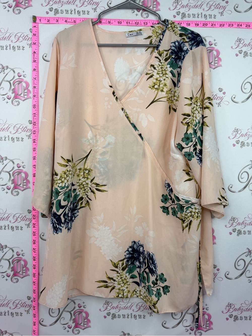 Dex blouse Peach Floral Wrap Blouse with Green & Navy Accents